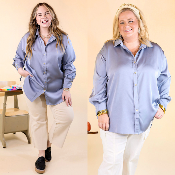 Tell Me Something Good Long Sleeve Button Up Top in Dusty Blue