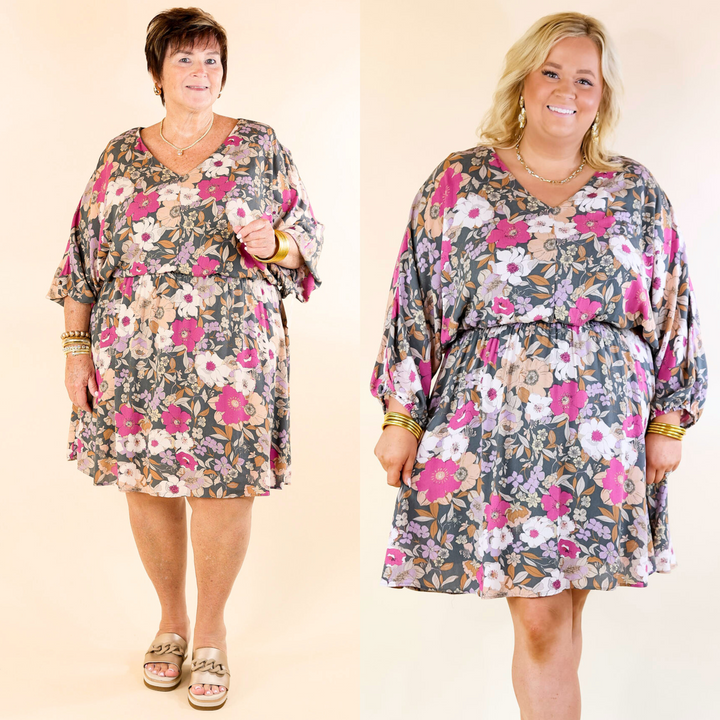 Strolling Through Central Park Floral Long Sleeve Dress in Olive Green