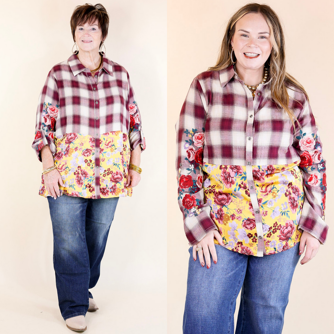 Two models wearing a long sleeve button-up top with a combination of plaid and floral prints with jeans.