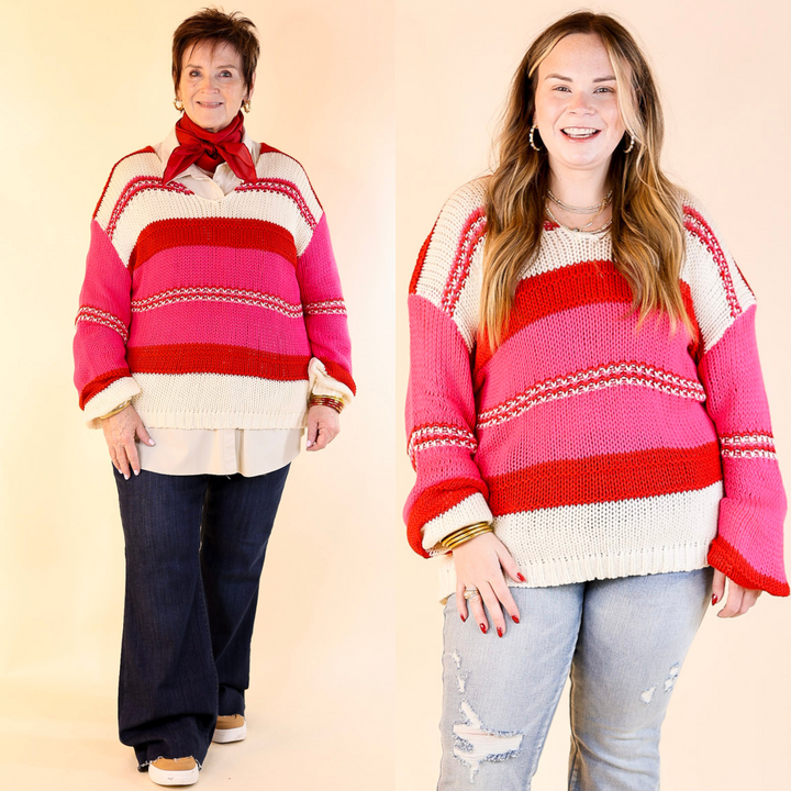 Cozy On Up Long Sleeve Striped Sweater in Red Mix