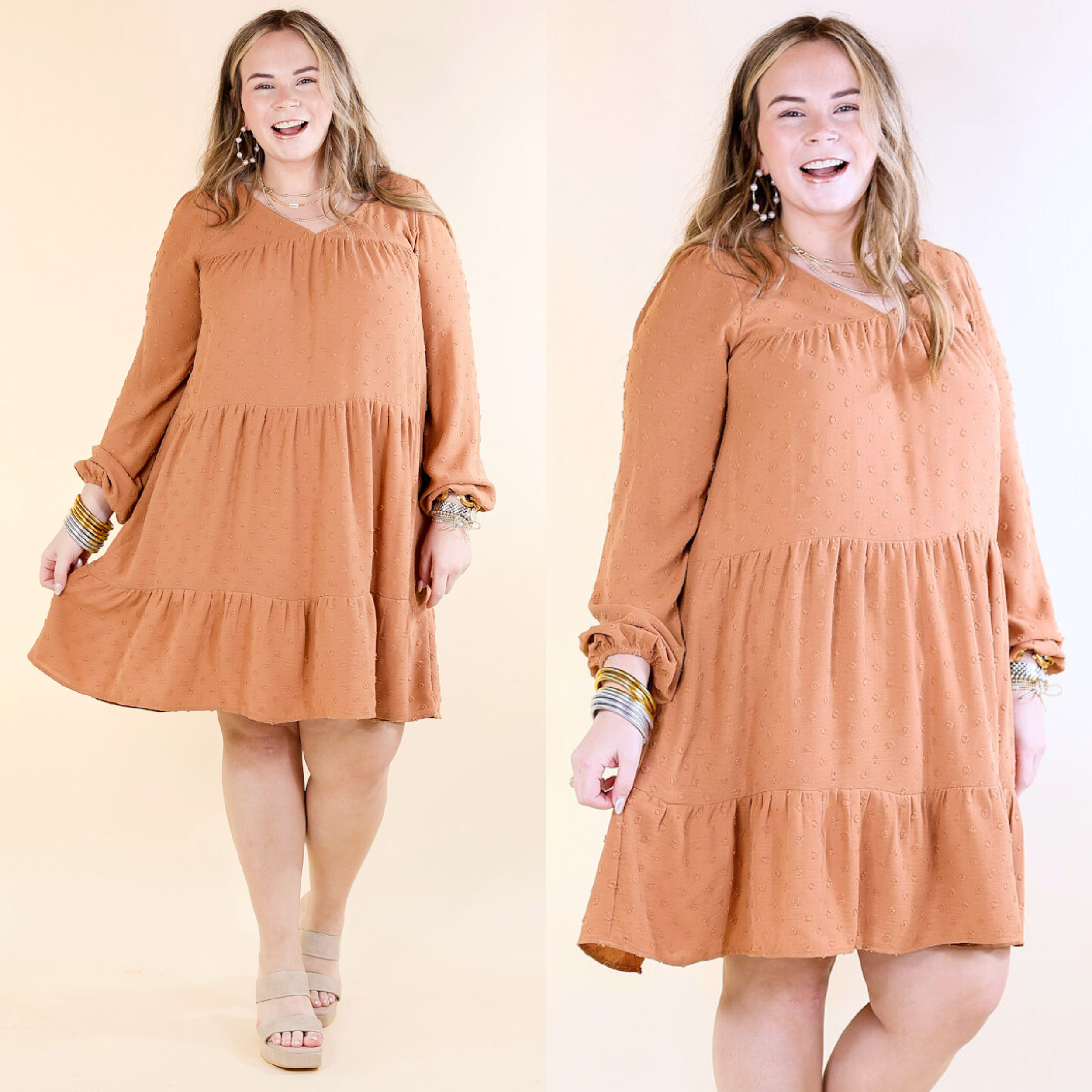 Hey Girl Long Sleeve Swiss Dot Dress in Clay Brown