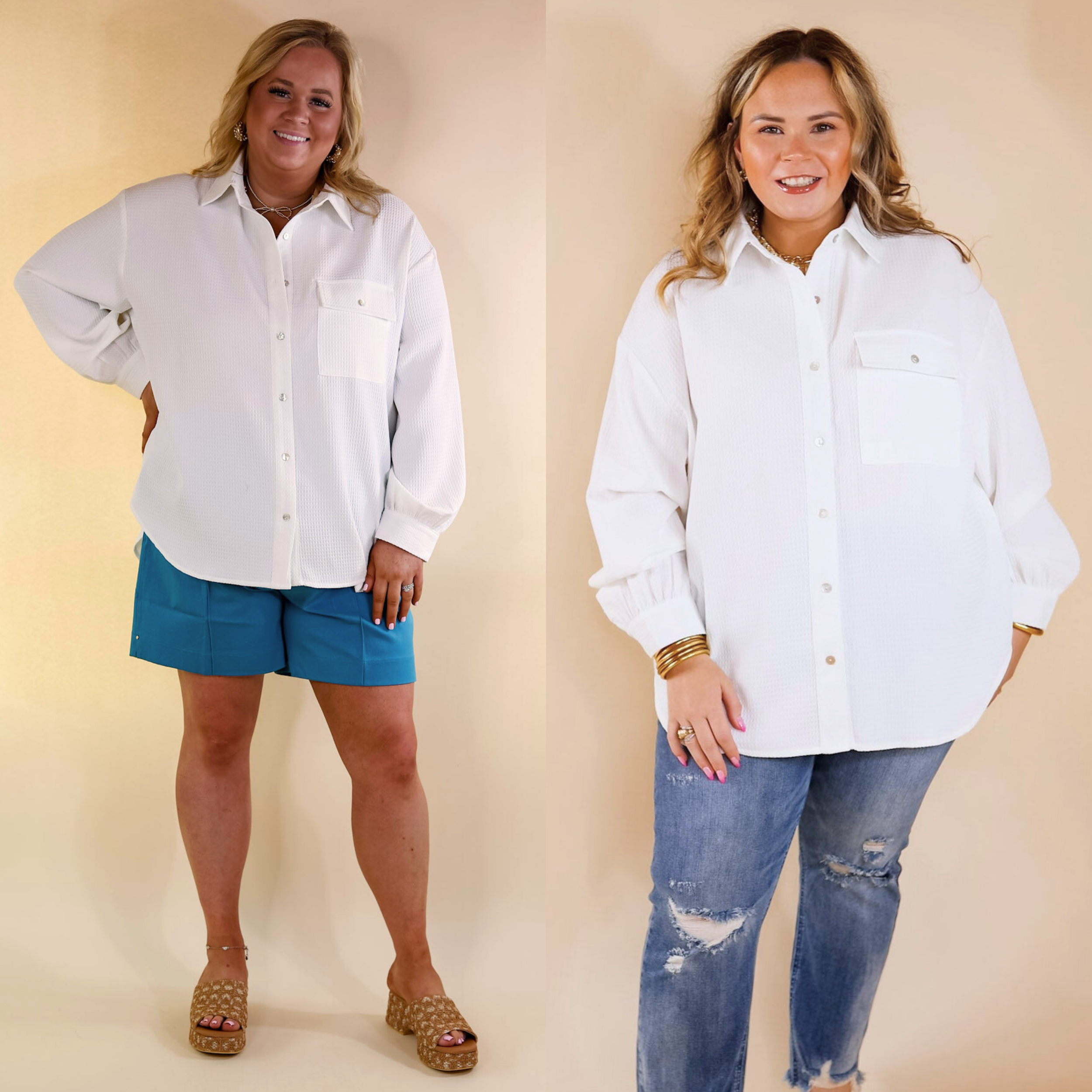 Escaping Ordinary Waffle Weave Button Up Top in Ivory