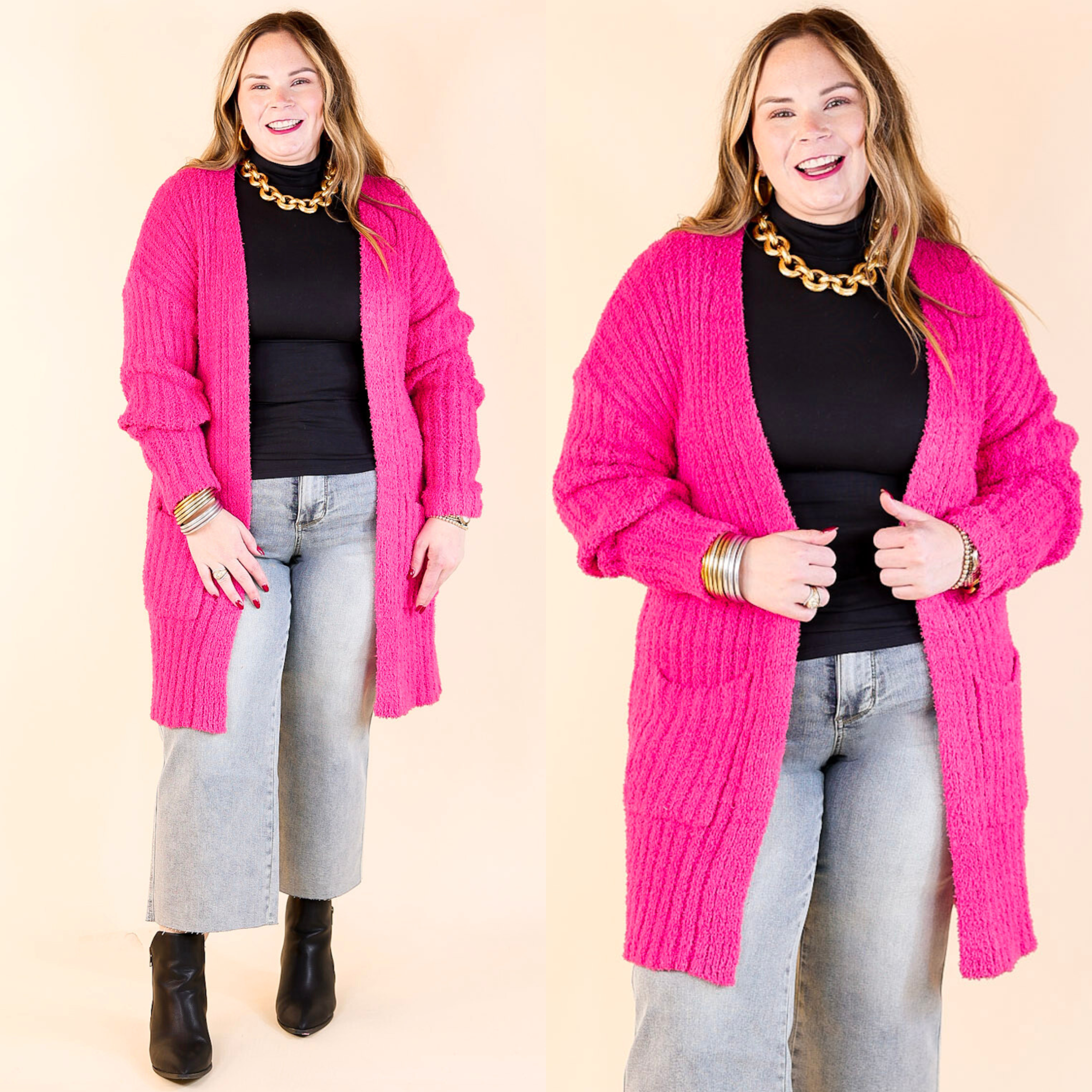 Cold Brew And Cuddles Long Sleeve Cardigan with Pockets in Hot Pink