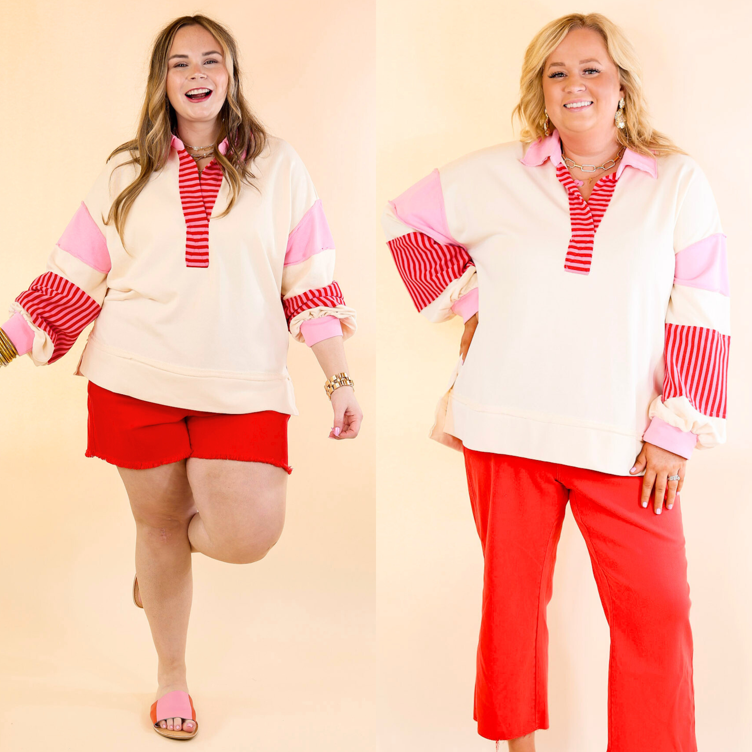 Chic Comfort Collared Long Sleeve Sweatshirt in Cream - Giddy Up Glamour Boutique