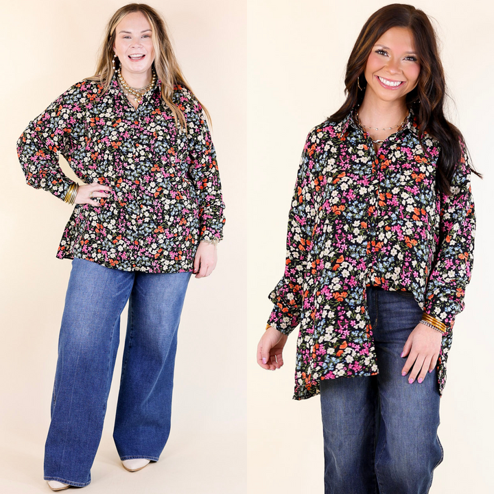 Spring Essence Floral Print Long Sleeve Button Up Top in Black