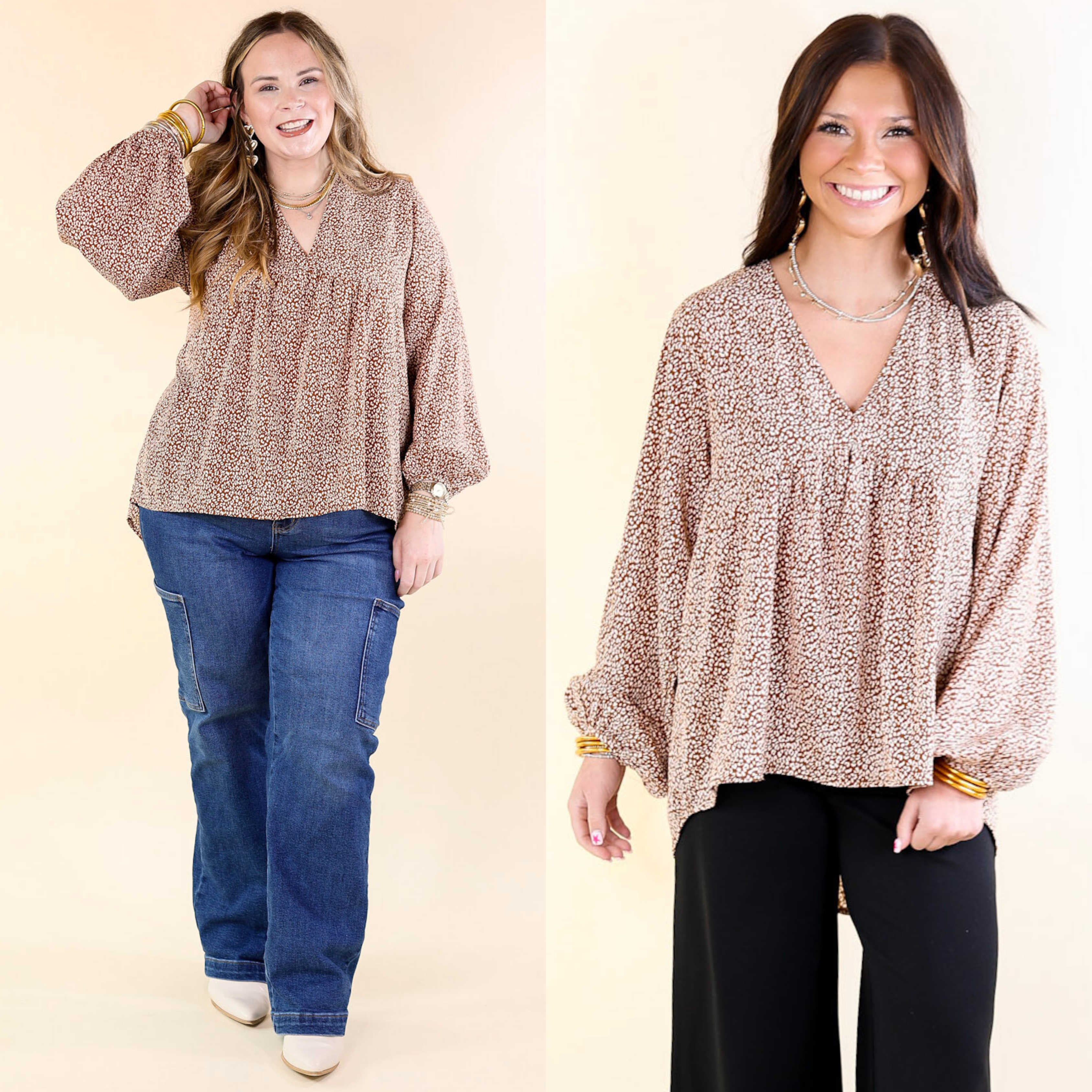 Really Dreamy Small Leopard Print Babydoll Top with Long Sleeves in Brown