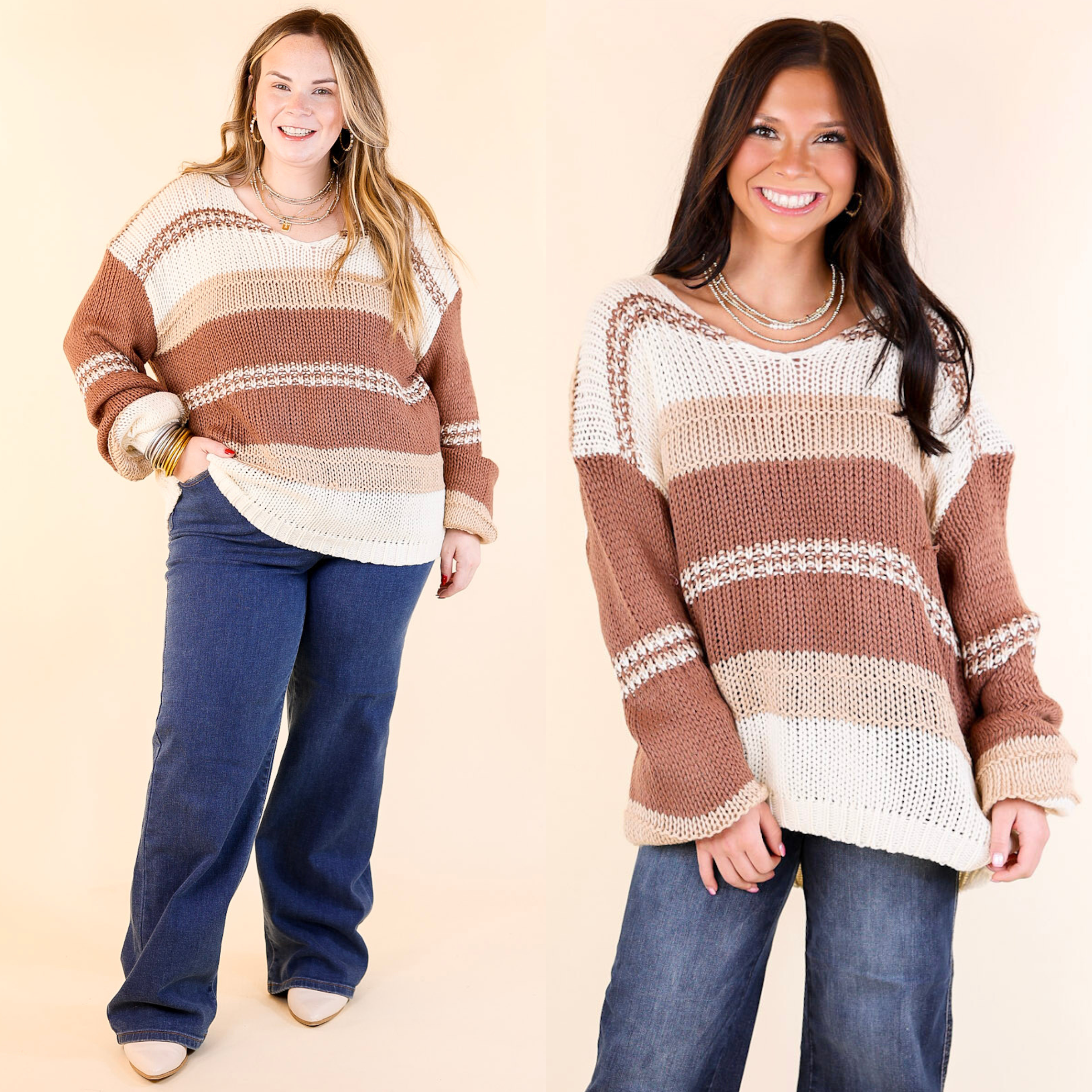 Cozy On Up Long Sleeve Striped Sweater in Brown Mix