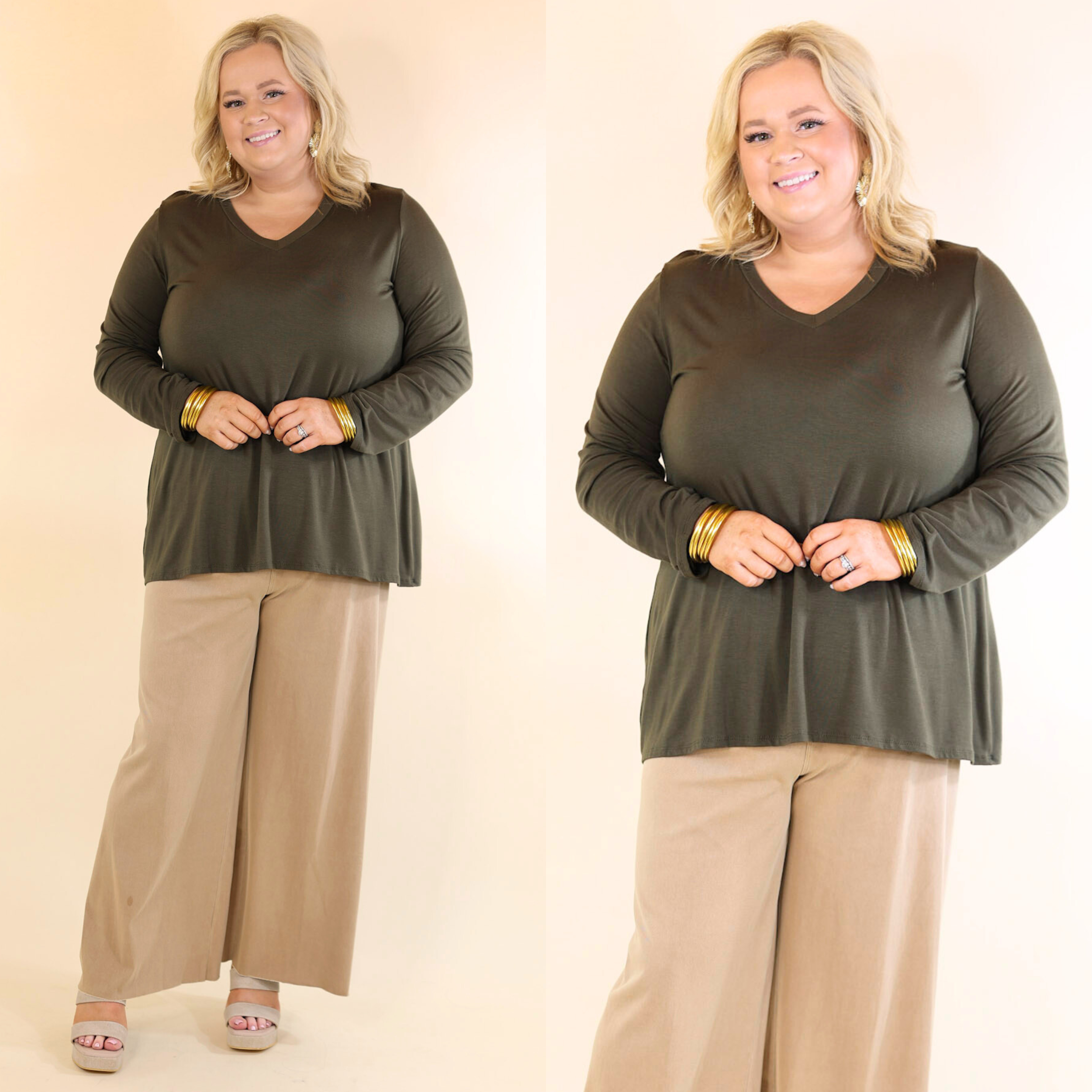 Plus Size | It's That Simple Solid V Neck Long Sleeve Tee in Olive Green