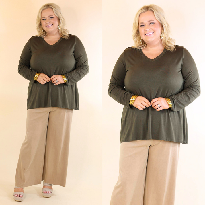 Plus Size | It's That Simple Solid V Neck Long Sleeve Tee in Olive Green