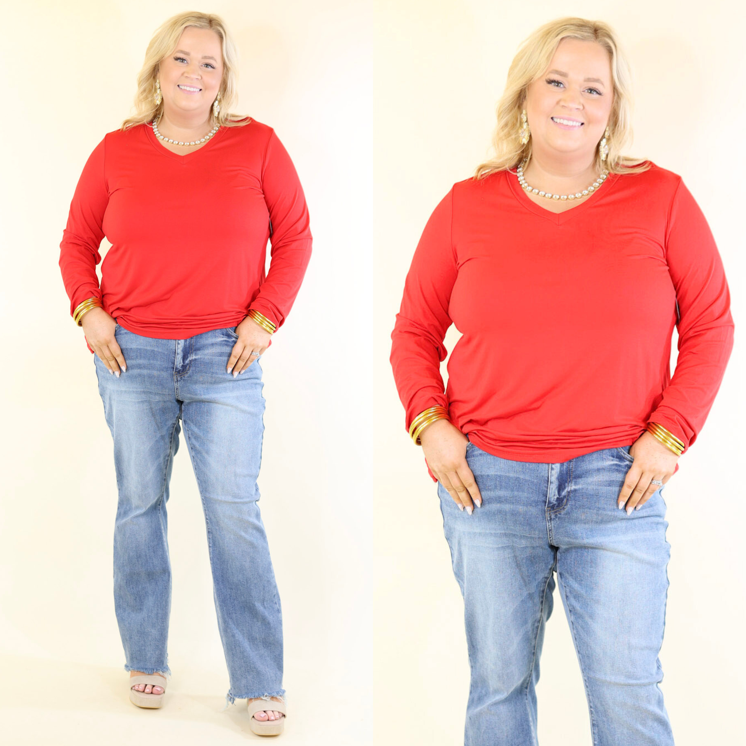 Plus Size | It's That Simple Solid V Neck Long Sleeve Tee in Red