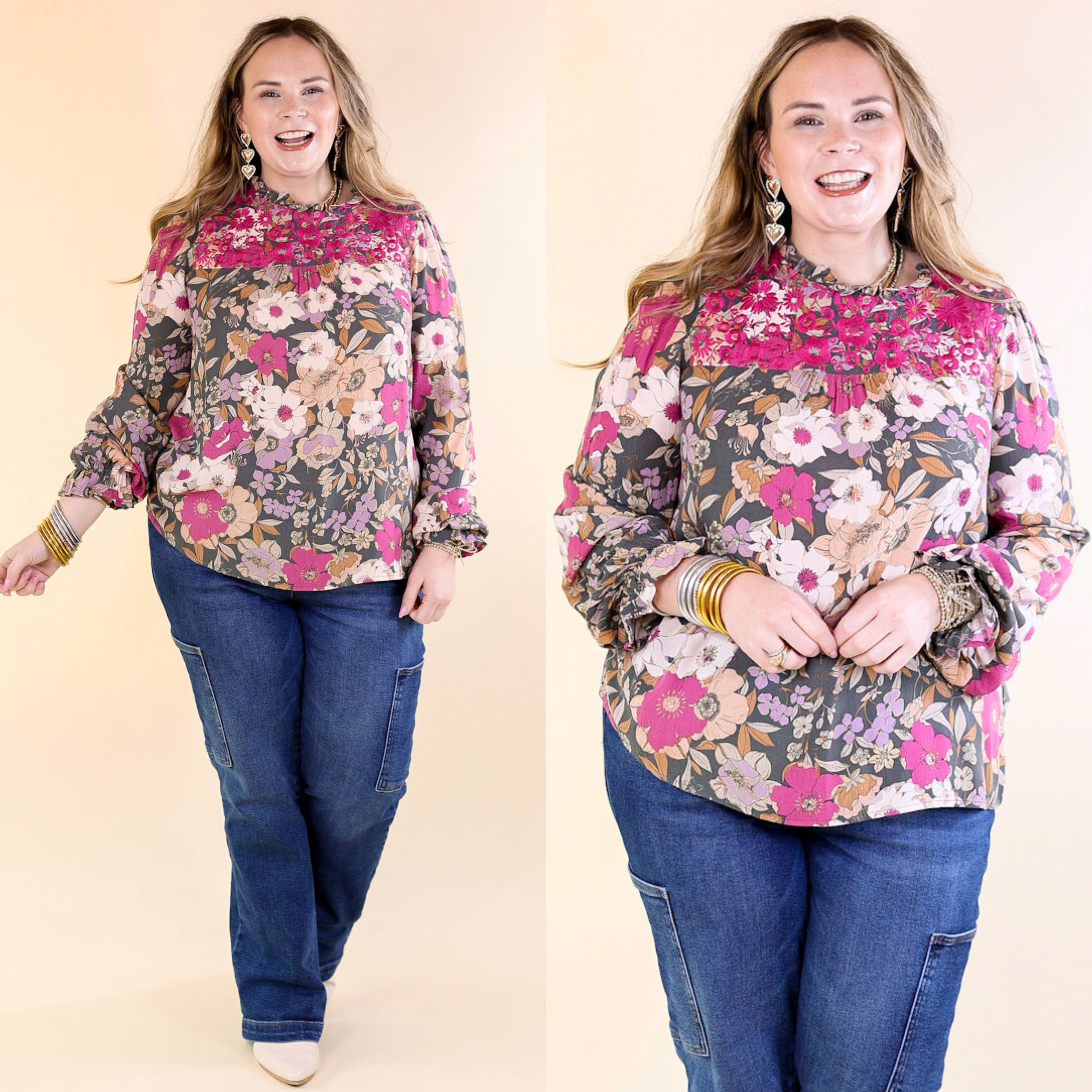 My Dearest Darling Floral Embroidered Long Sleeve Top in Olive Green