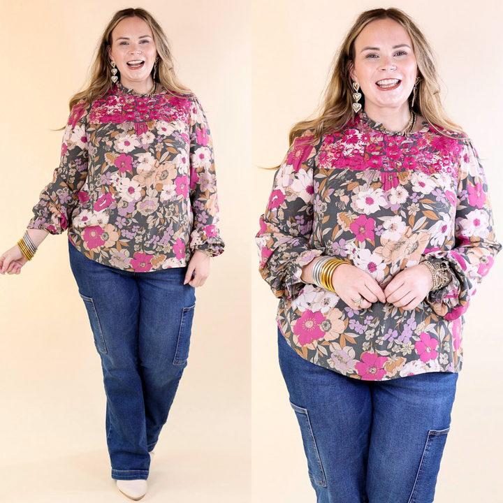 Last Chance Size Small & Medium | My Dearest Darling Floral Embroidered Long Sleeve Top in Olive Green