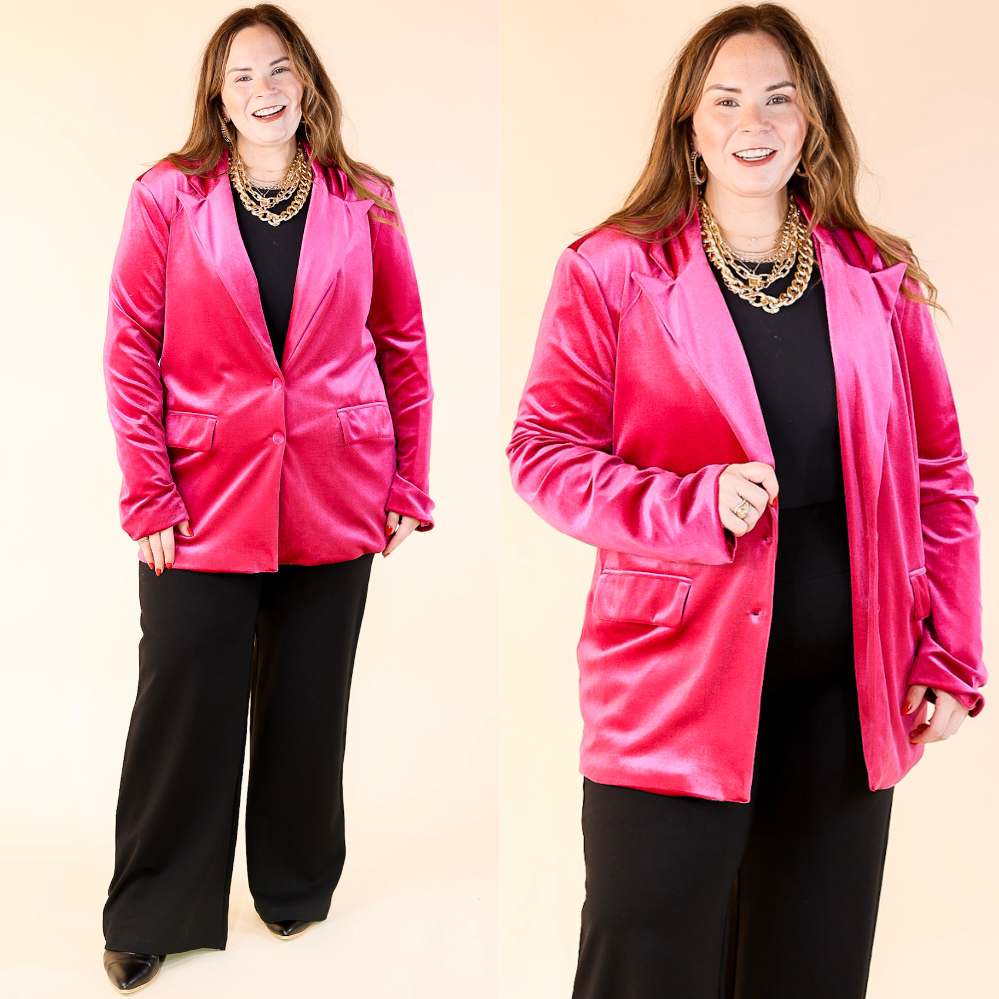 Touch Of Luxury Long Sleeve Velvet Blazer in Fuchsia Pink