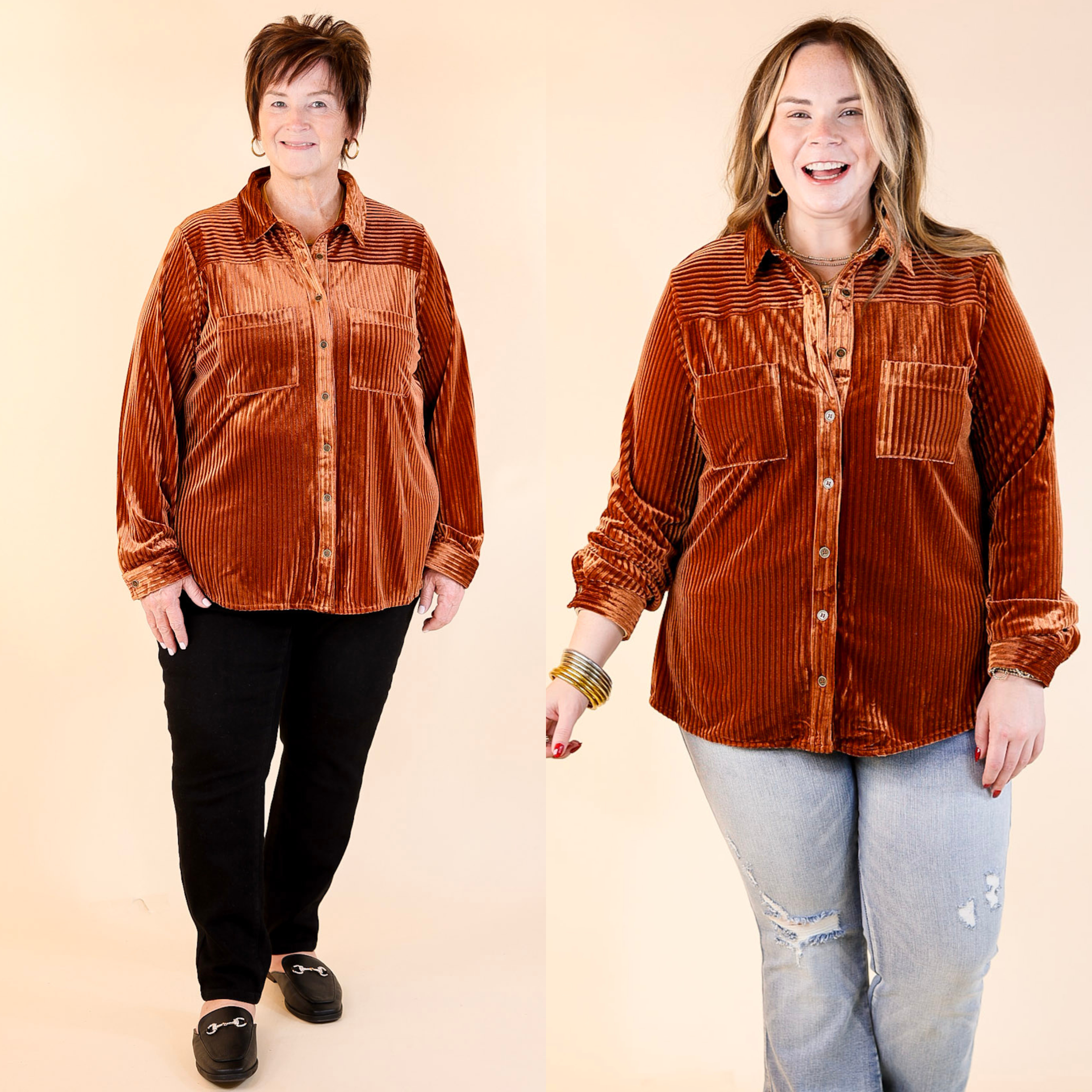 Velvet Feels Striped Velvet Button up Top in Copper Orange