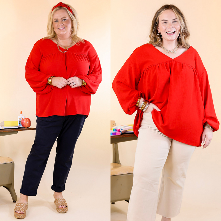 Last Chance Size 2XL | Office Feels Long Sleeve V Neck Babydoll Top in Red