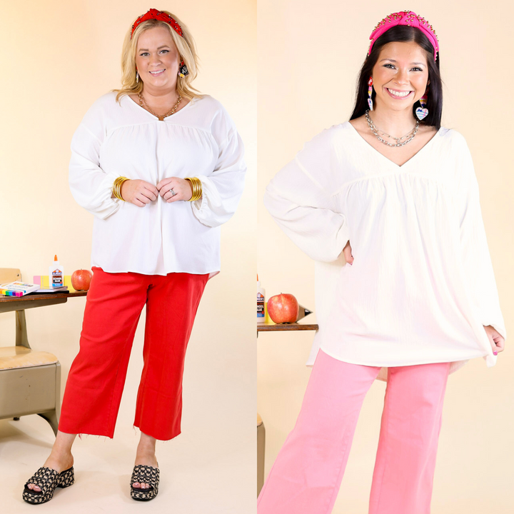 Last Chance Size Small & 3XL | Office Feels Long Sleeve V Neck Babydoll Top in Ivory