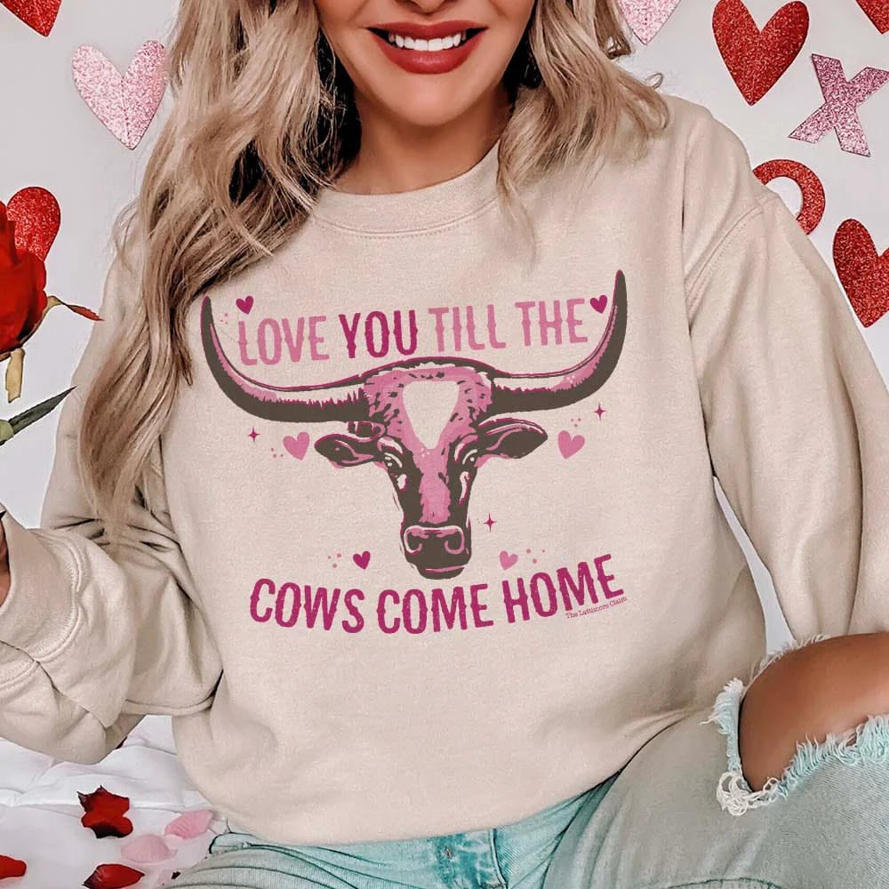 Online Exclusive | Love You Till The Crows Come Home Long Sleeve Graphic Sweatshirt in Cream - Giddy Up Glamour Boutique