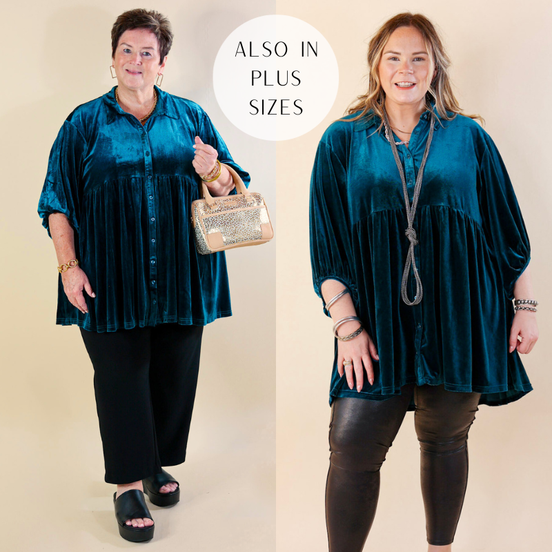 Models are wearing teal blue velvet blouse. Size plus model has the top paired with black, gold jewelry, and a Consuela bag. Size large model has it paired with leather leggings and silver jewelry.