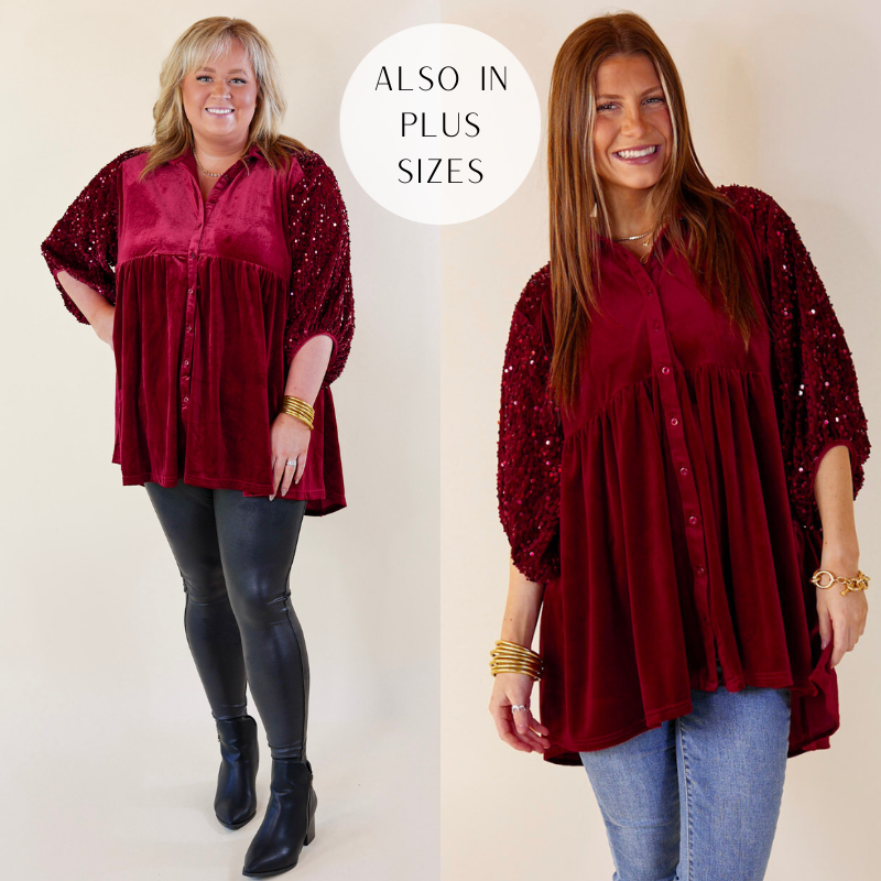 Model are wearing a wine red velvet top with sequin 3/4 sleeve. Size plus model has it paired with leather pants, black booties, and gold jewelry.  Size small model has it paired with medium washed jeans and gold jewelry. 