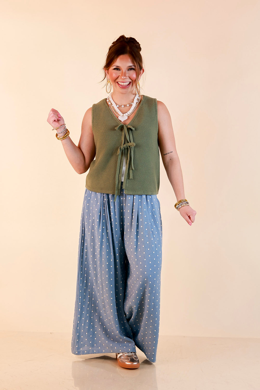 Main Attraction Bow Tie Front Sweater Vest in Light Olive Green