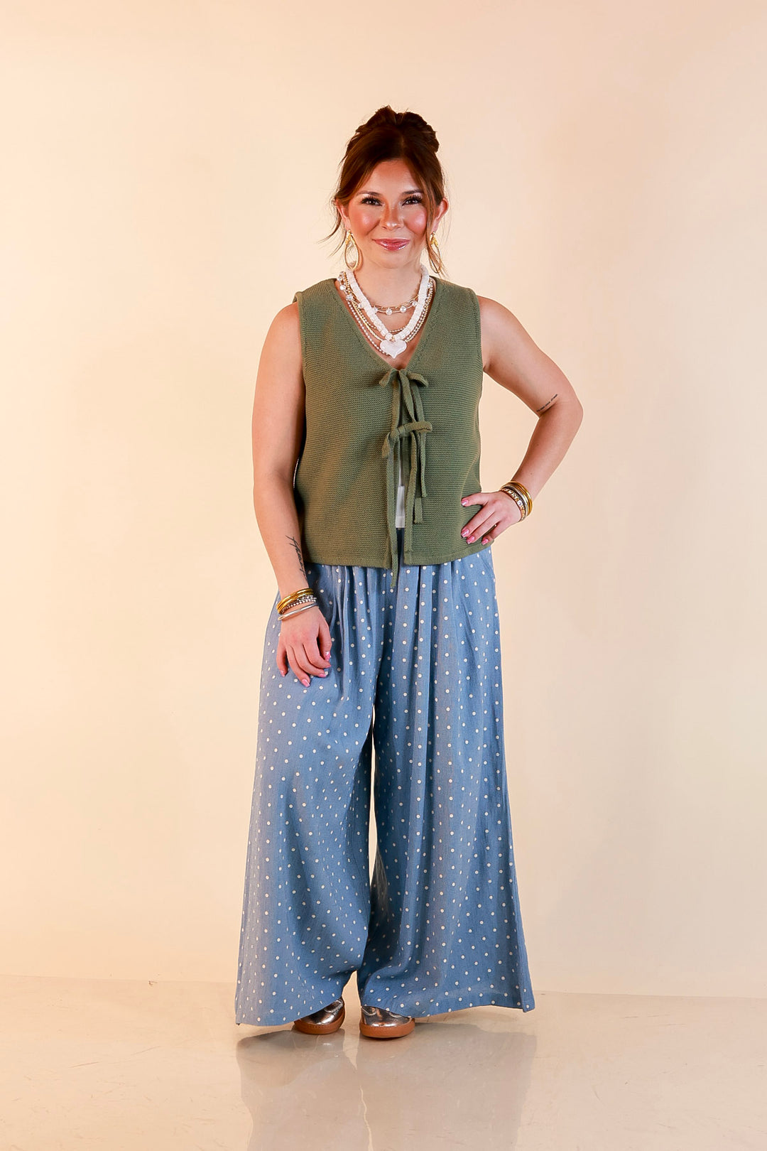 Main Attraction Bow Tie Front Sweater Vest in Light Olive Green