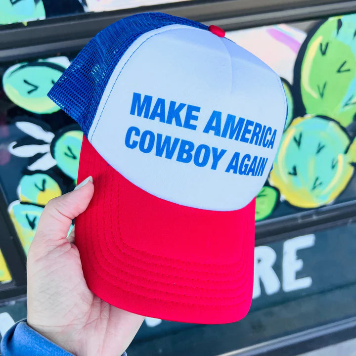 Online Exclusive | Make America Cowboy Again Foam Trucker Cap in Red, White, & Blue - Giddy Up Glamour Boutique