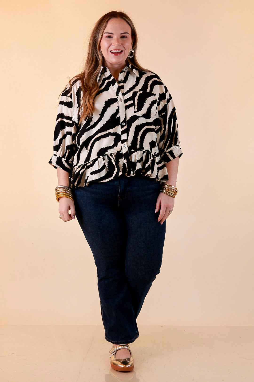 Making Waves Zebra Print Ruffle Hem Button Up Top in Black