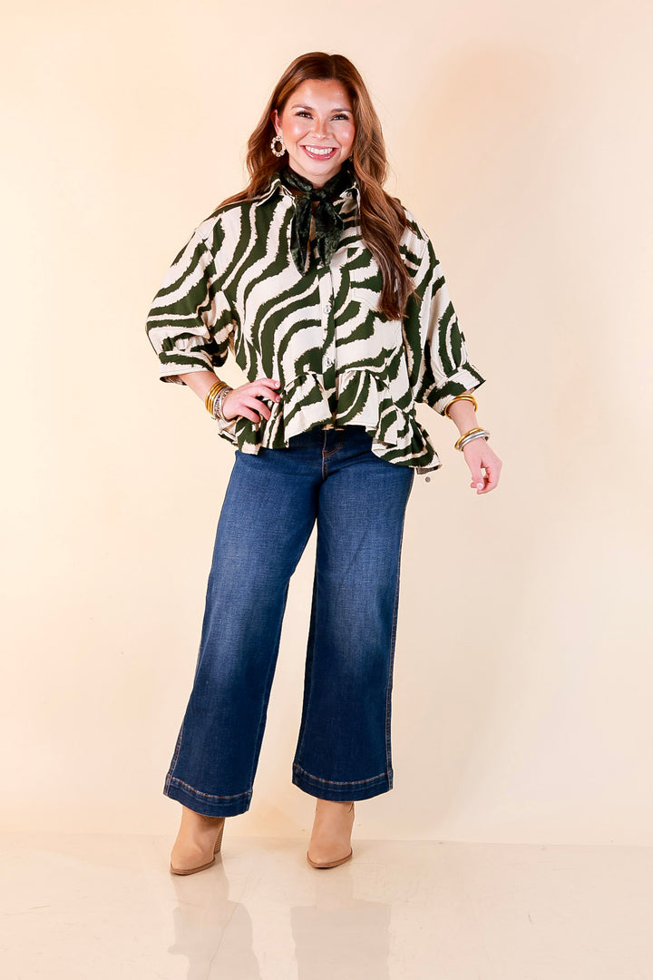 Making Waves Zebra Print Ruffle Hem Button Up Top in Olive