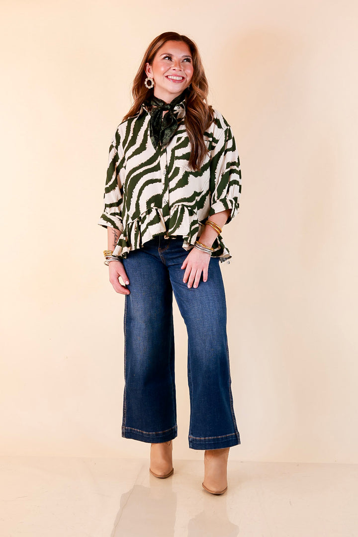 Making Waves Zebra Print Ruffle Hem Button Up Top in Olive