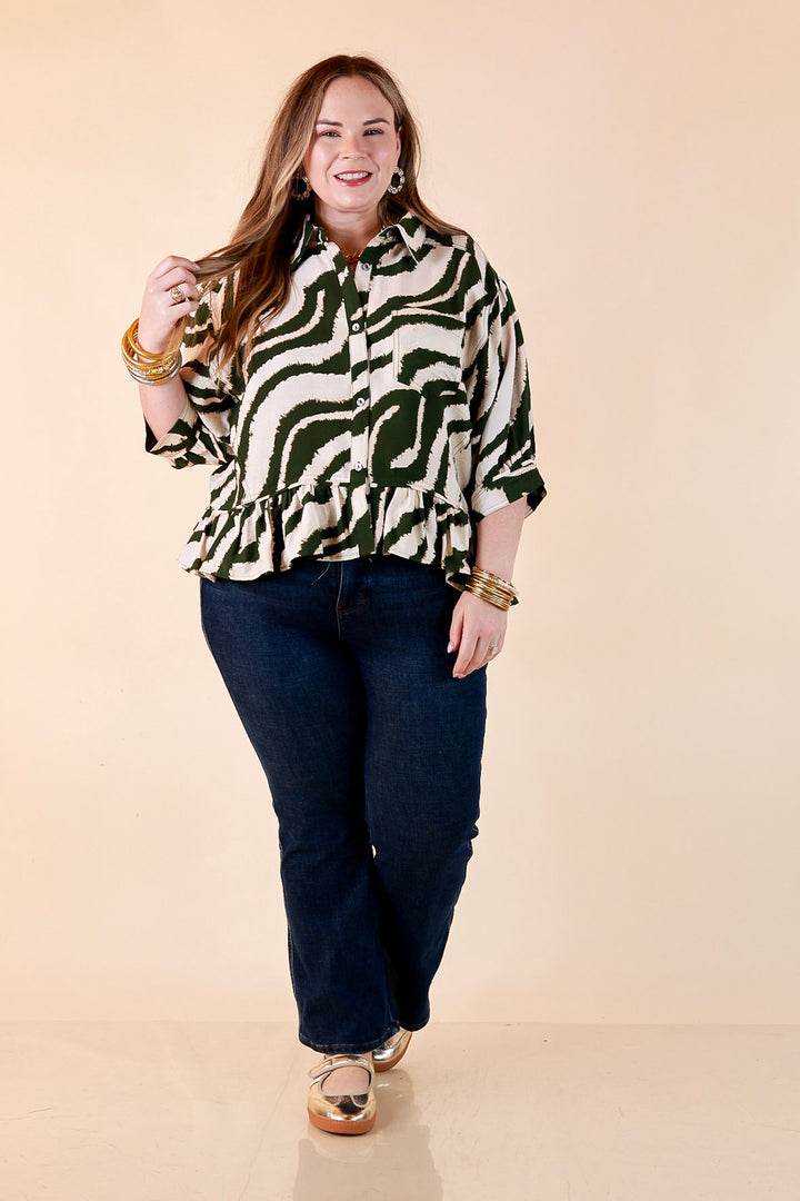 Making Waves Zebra Print Ruffle Hem Button Up Top in Olive