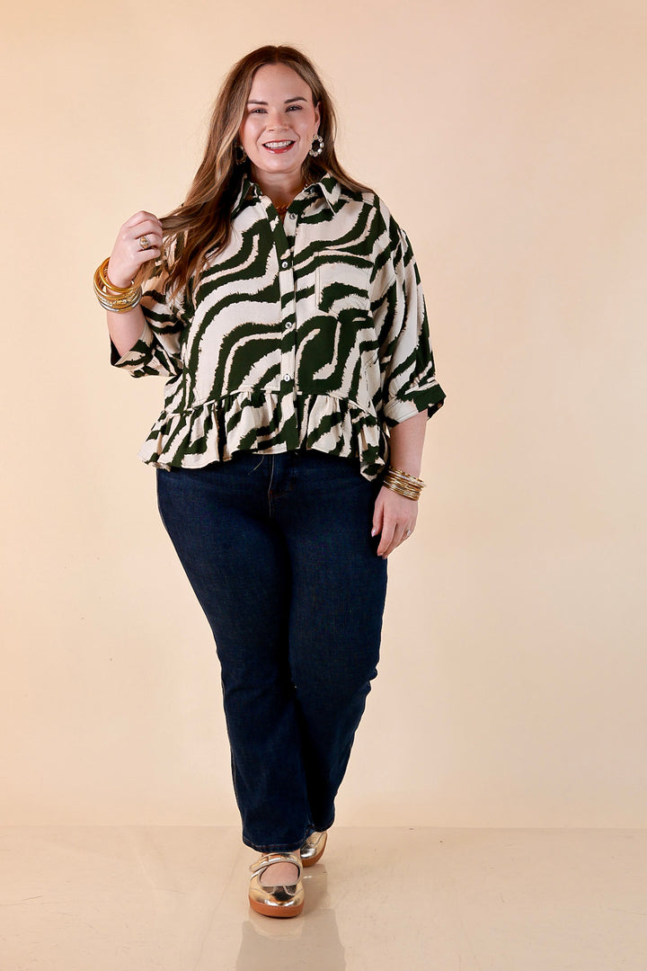 Making Waves Zebra Print Ruffle Hem Button Up Top in Olive