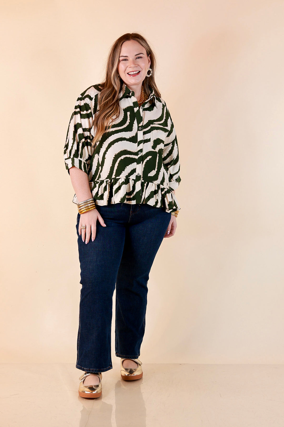 Making Waves Zebra Print Ruffle Hem Button Up Top in Olive