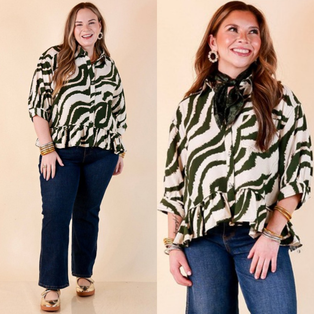 Two images of a woman wearing the Making Waves Zebra Print Ruffle Hem Button Up Top in Olive on a beige background