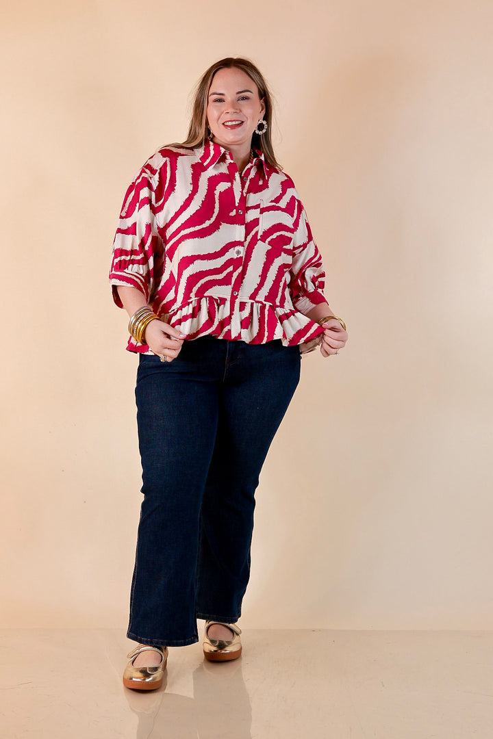 Making Waves Zebra Print Ruffle Hem Button Up Top in Orchid