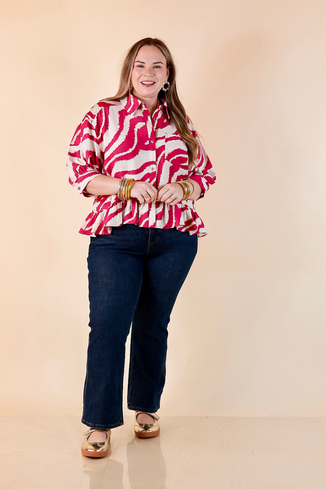 Making Waves Zebra Print Ruffle Hem Button Up Top in Orchid