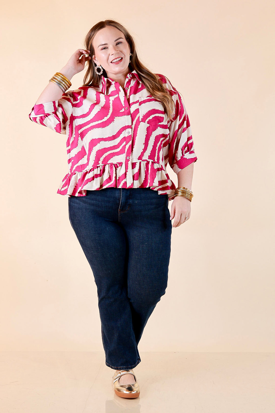 Making Waves Zebra Print Ruffle Hem Button Up Top in Orchid