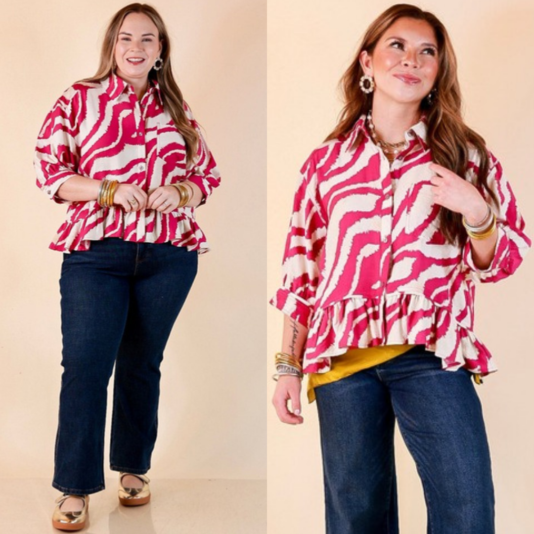 Two images of a woman wearing the Making Waves Zebra Print Ruffle Hem Button Up Top in Orchid on a beige background