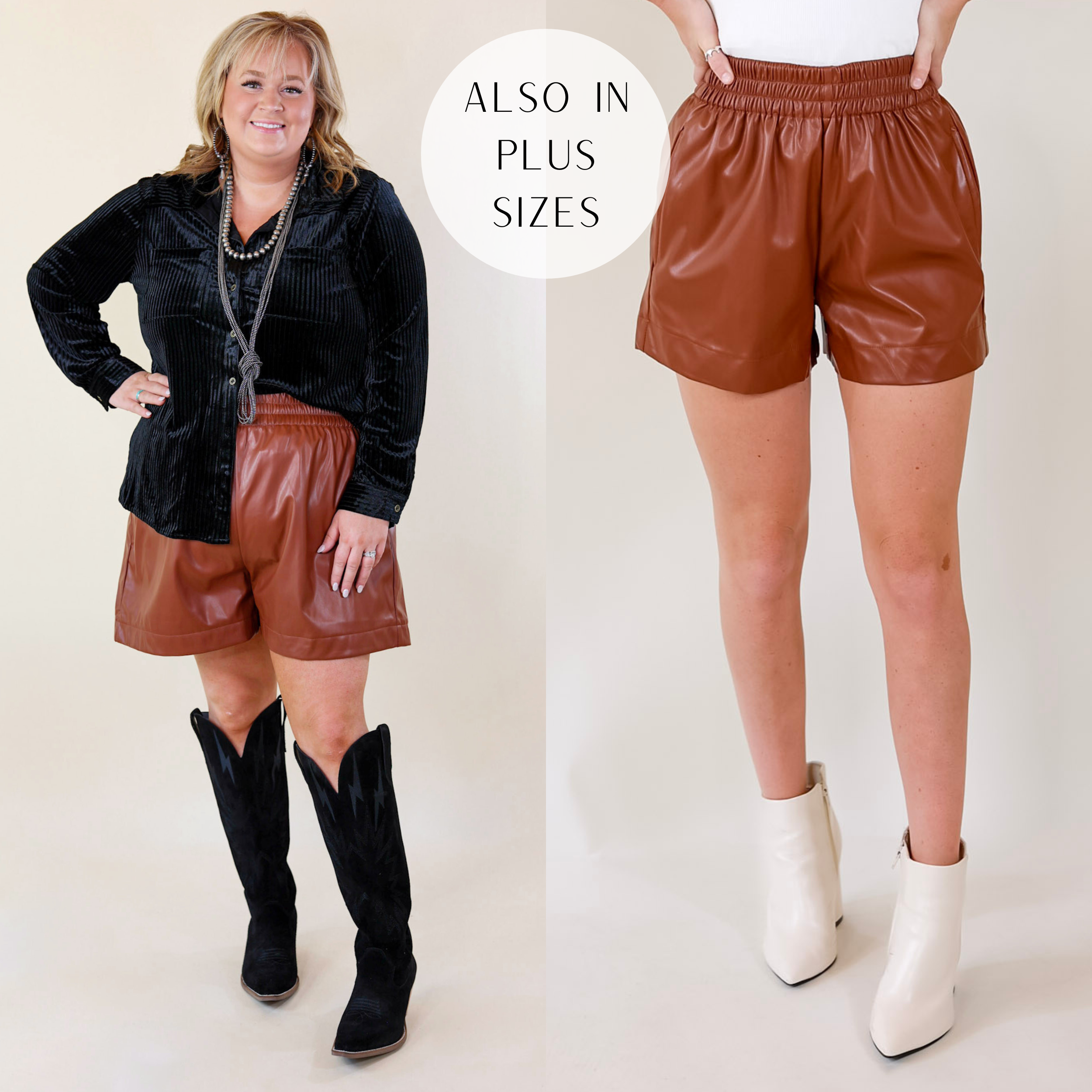 Model is wearing a pair of brown faux leather shorts featuring a stretchy waistband and a pleated design.