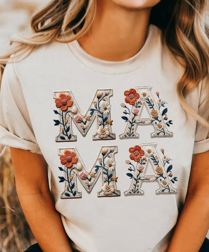 Online Exclusive | MAMA Floral Faux Embroidered Graphic on Tee & Sweatshirt Option  - Cream