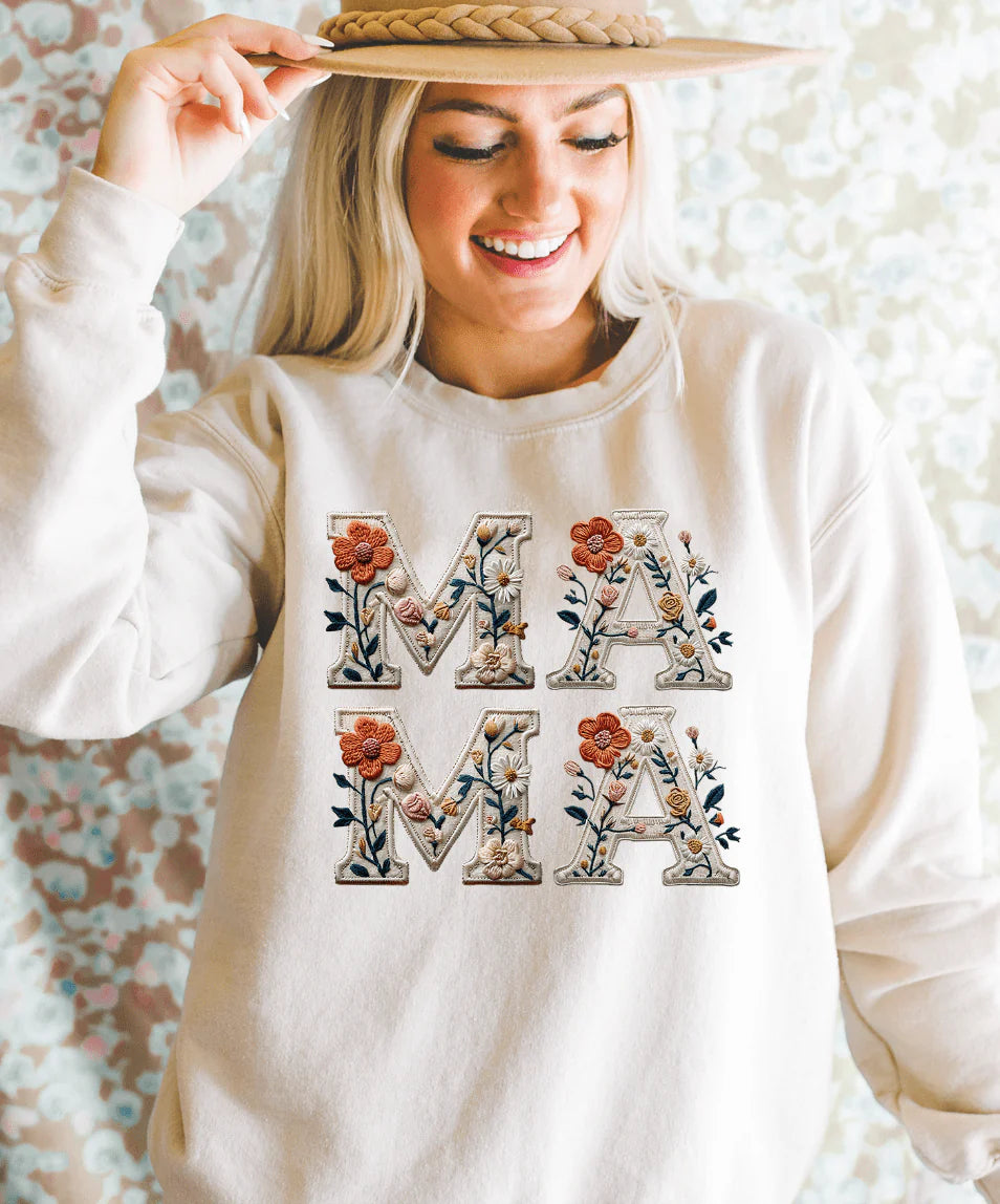 Online Exclusive | MAMA Floral Faux Embroidered Graphic on Tee & Sweatshirt Option  - Cream