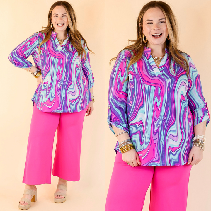Urban Elegance Marble 3/4 Sleeve Tunic Top in Purple Mix