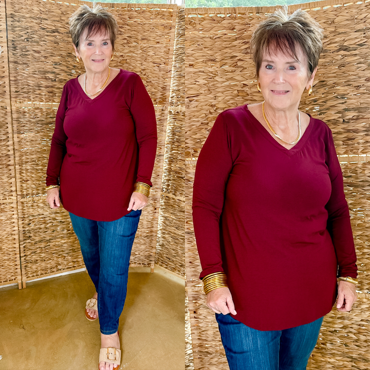 Simple V Neck Solid Long Sleeve Tee in Dark Burgundy