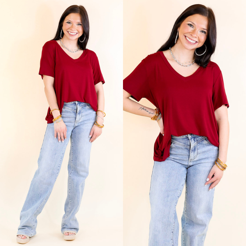 It's That Simple Solid V Neck Tee in Maroon