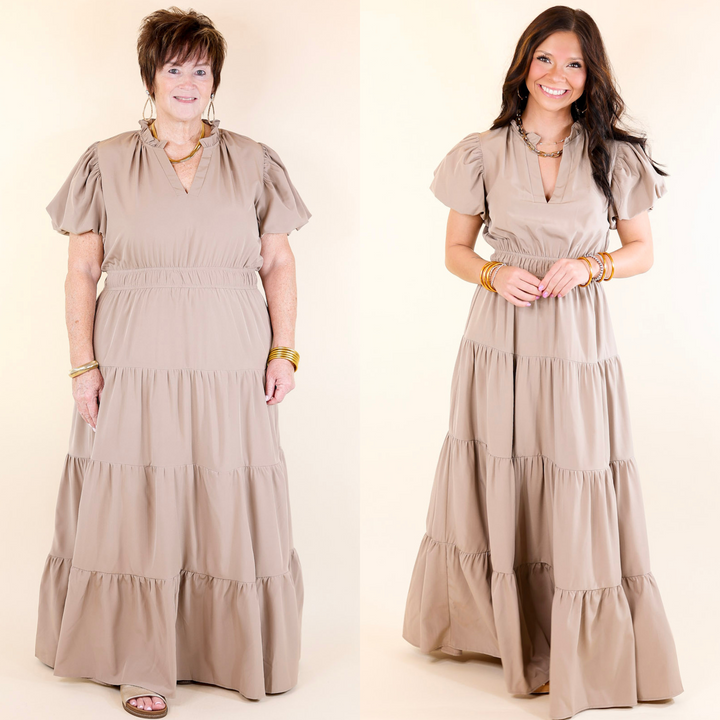 Table for Two Tiered Maxi Dress with Puff Sleeves in Light Mocha Brown
