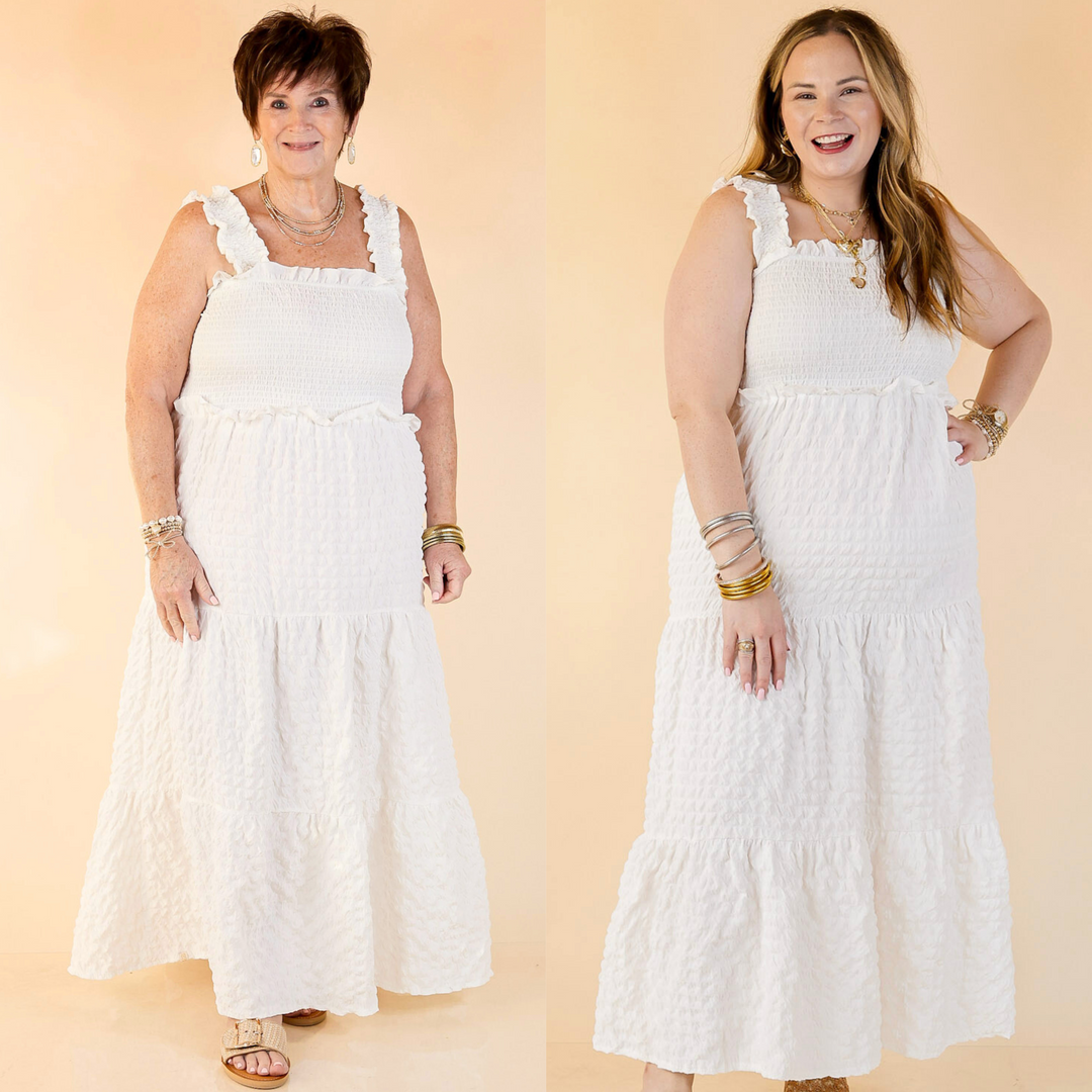 Maxi Dress with Smocked Bodice in White Giddy Up Glamour Boutique Maxi Dress with Smocked Bodice in White Giddy Up Glamour Boutique