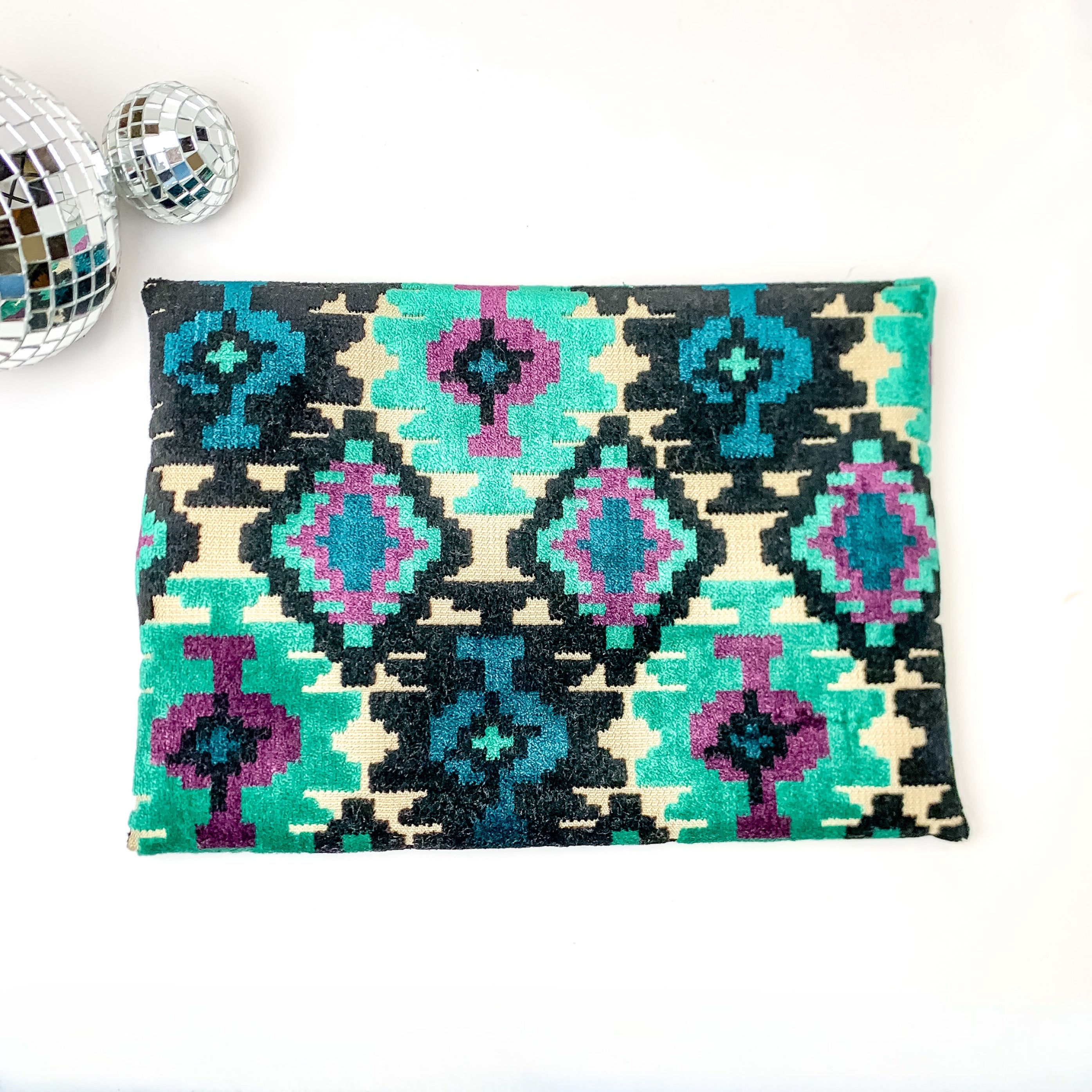 Makeup Junkie | Medium Midnight Aztec Lay Flat Bag in Turquoise Green and Black Mix