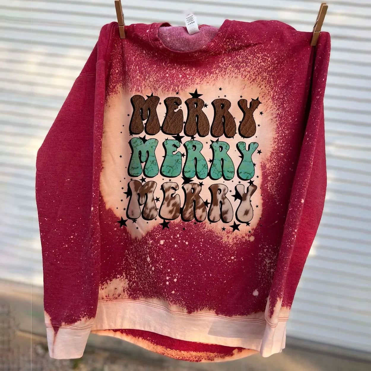 Online Exclusive | Merry Merry Merry Cowgirl Christmas Long Sleeve Bleached Splatter Graphic Sweatshirt in Red - Giddy Up Glamour Boutique