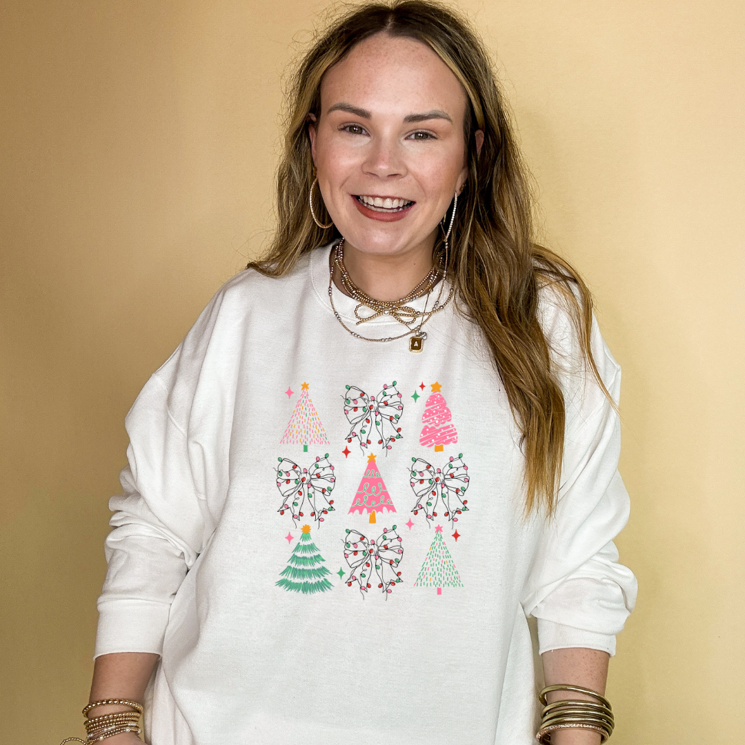 Online Exclusive | Variety of Christmas Trees and Christmas Lights Bow Collage Graphic Sweatshirt in Multiple Color Options