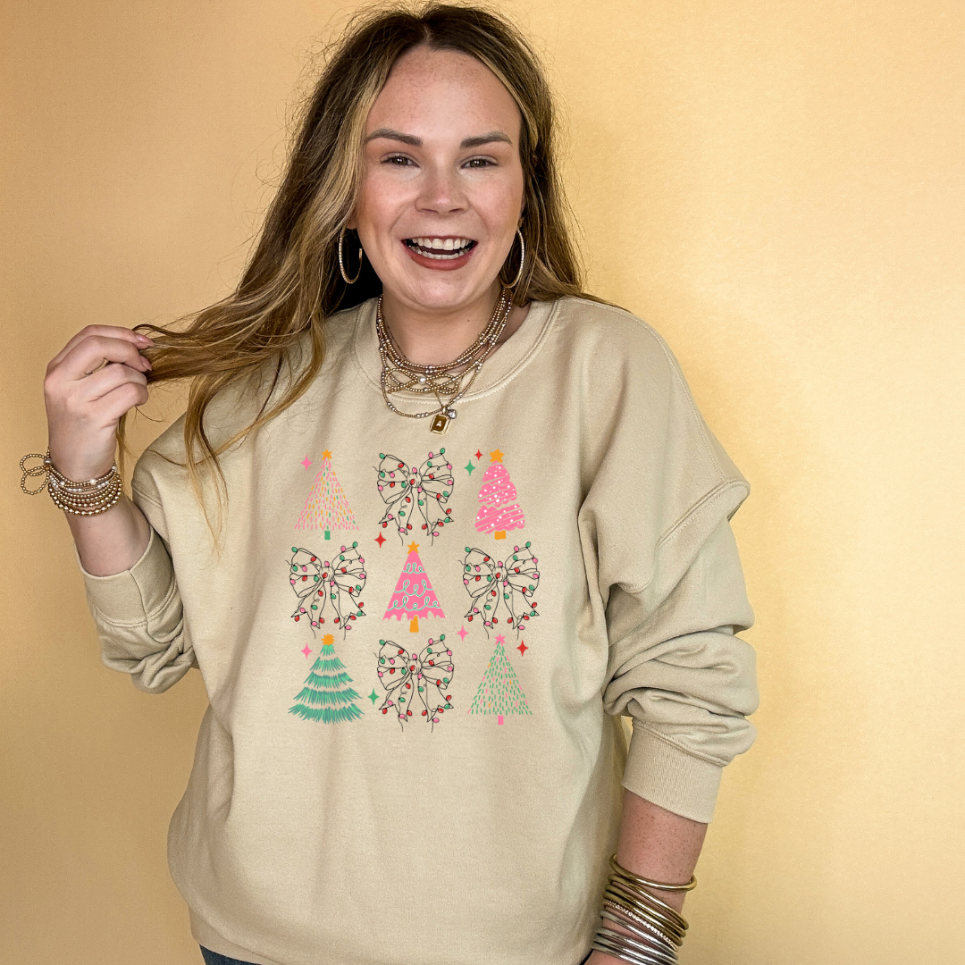 Online Exclusive | Variety of Christmas Trees and Christmas Lights Bow Collage Graphic Sweatshirt in Multiple Color Options