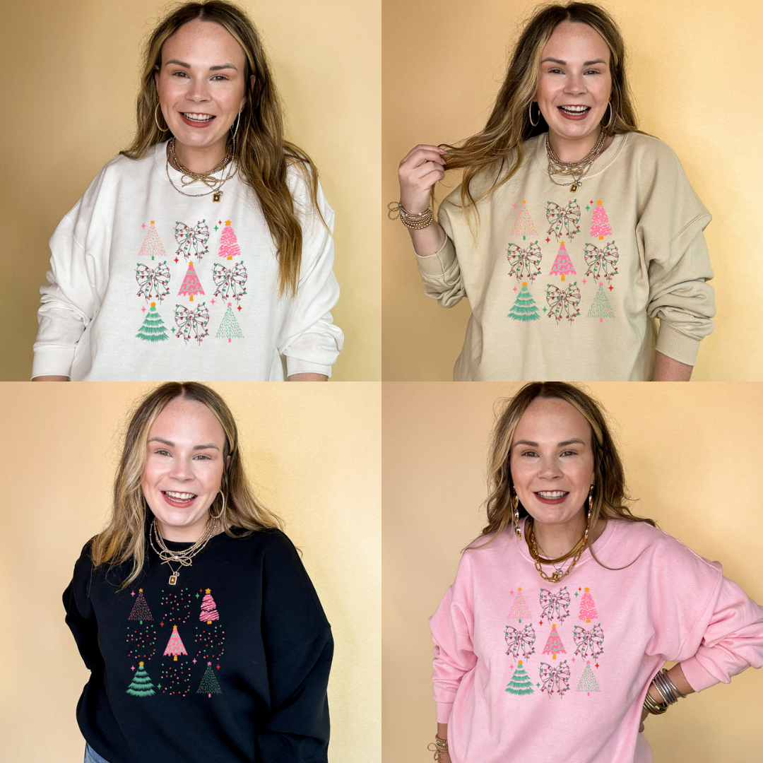 Online Exclusive | Variety of Christmas Trees and Christmas Lights Bow Collage Graphic Sweatshirt in Multiple Color Options